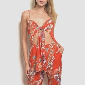 Tropical Leaf Cutout FrontTie Chic Jumpsuit floral vacation cruise